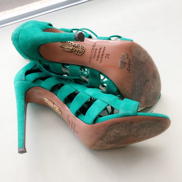 💯AQUAZZURA ‘Amazon’ Cutout Suede Sandals Green 36 - Picture 6 of 8